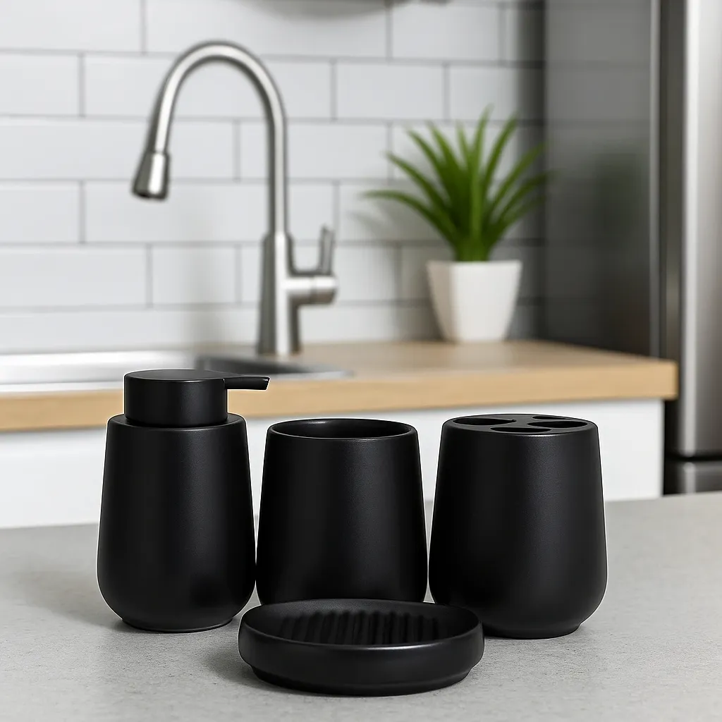 Conjunto de Utensílios de Banheiro Preto Simples
