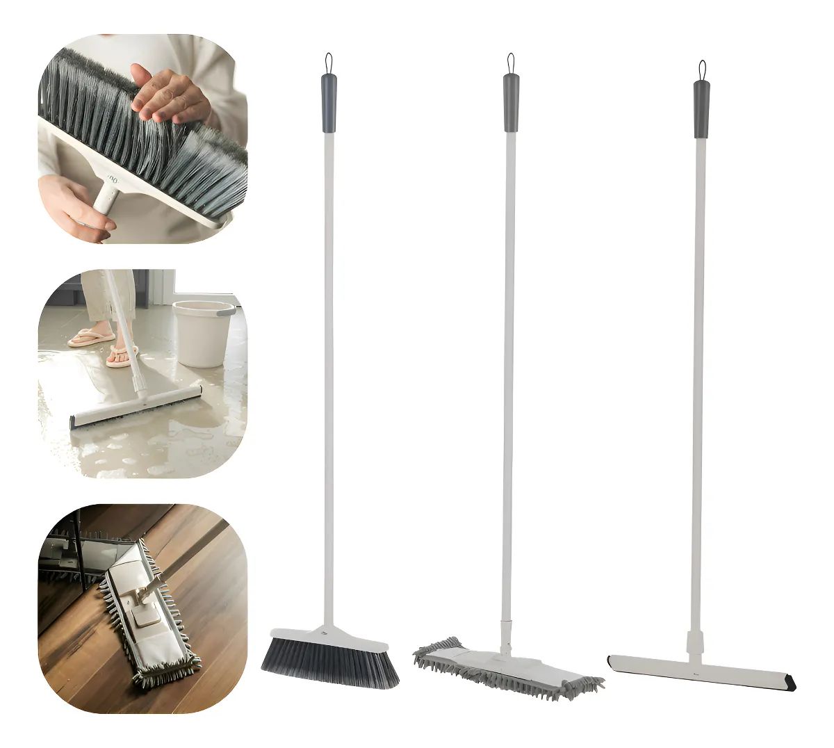Kit Limpeza Rodo + Vassoura + Mop com cabo Inox Flow