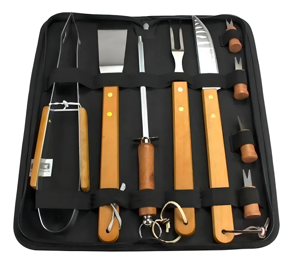 Kit Utensílios para Churrasco Aço Inox com Cabos de Madeira - 9 Peças