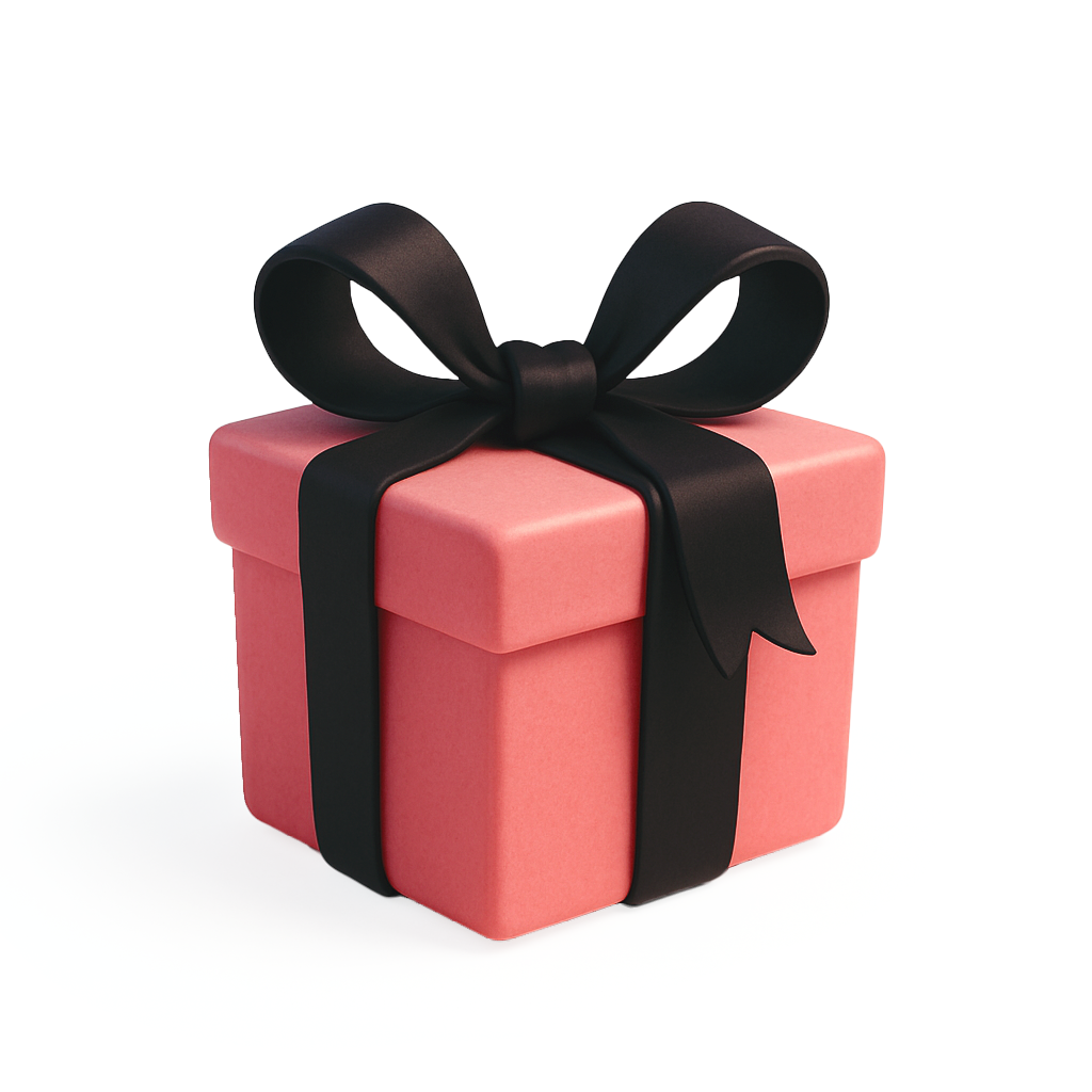 Shop - Wishlist - Uma caixa de presentes rosa, com um la;o preto renderizada em 3D no estilo Pixas, vista em perspectiva de um canto.